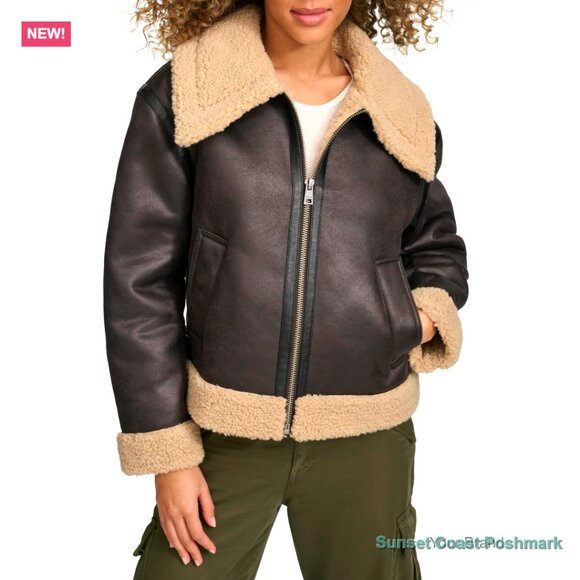 Faux Leather Faux Shearling Aviator Jacket with Sherpa Lining